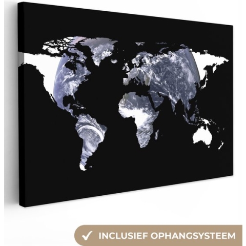Canvas Wereldkaart - 120x80 - Wanddecoratie Wereldkaart - Zwart - Wit - Wereldbol