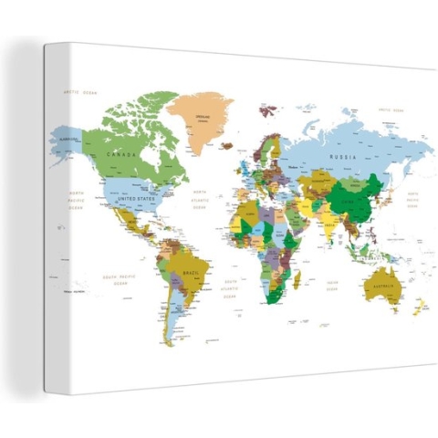 Canvas Wereldkaart - 180x120 - Wanddecoratie Wereldkaart - Aarde - Kleuren