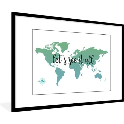 Fotolijst incl. Poster - Wereldkaart - Groen - Quote - Kids - Jongetjes - Meiden - 90x60 cm - Posterlijst