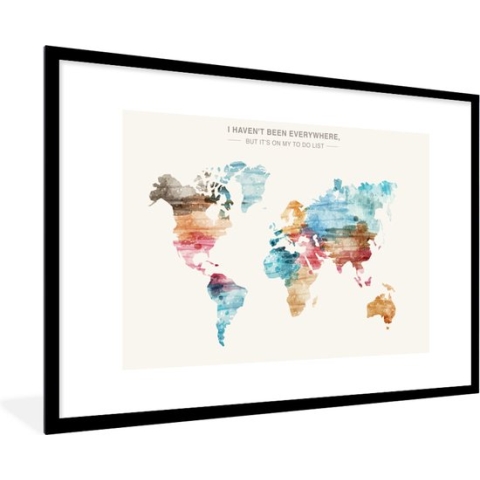 Fotolijst incl. Poster - Wereldkaart - Quotes - Waterverf - Kinderen - Jongen - Meisjes - Bucketlist - 90x60 cm - Posterlijst