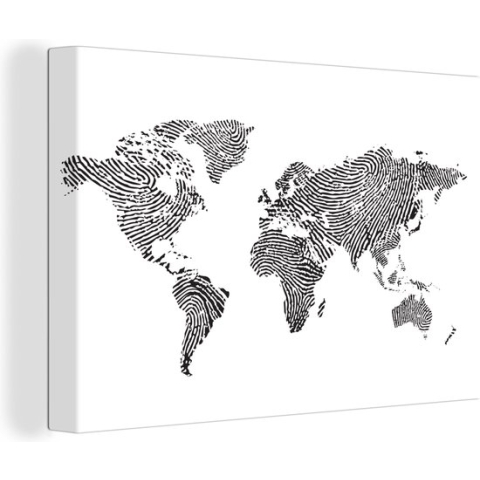 Canvas Wereldkaart - 180x120 - Wanddecoratie Wereldkaart - Vingerafdruk - Zwart - Wit - Kinderen - Jongens - Meisjes