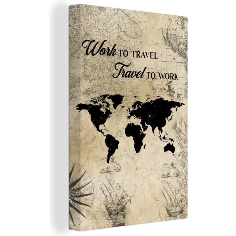 Wanddecoratie Wereldkaart - Vintage - Quote - Canvas - 80x120 cm - Kamer decoratie tieners