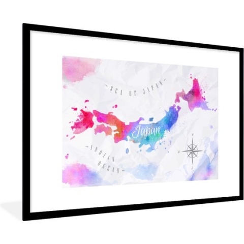 Fotolijst incl. Poster - Wereldkaart - Kleuren - Japan - 90x60 cm - Posterlijst