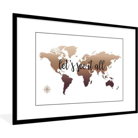 Fotolijst incl. Poster - Wereldkaart - Bruin - Kompas - 90x60 cm - Posterlijst