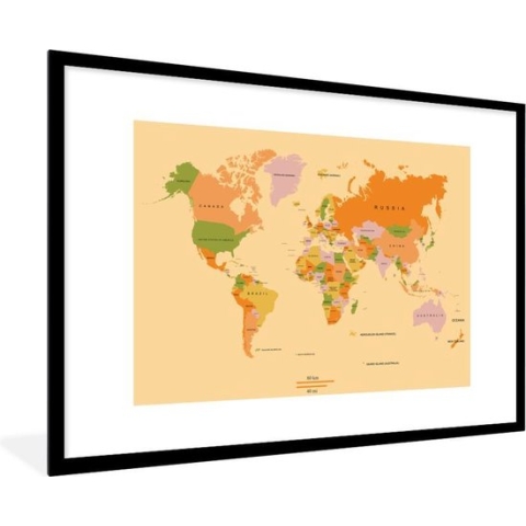 Fotolijst incl. Poster - Wereldkaart - Kleurrijk - Trendy - 90x60 cm - Posterlijst