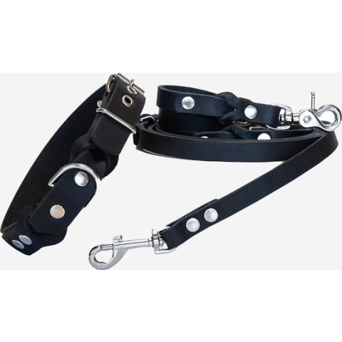 If A Dog Could Choose KIWI - Hondenriem met Halsband Set - 2.6 Meter Leiband in Leer - Zwart - XL 49-58cm