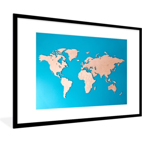 Fotolijst incl. Poster - Wereldkaart - Houtkleur - Blauw - 90x60 cm - Posterlijst