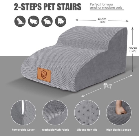 Hondentrap voor Kleine Honden, 2 Treden Huisdiertrap, Dog Steps van Spons, voor Bank, Bed, Antislip Oppervlak, Afneembare en Wasbare Overtrek, met 1 Pluisrol