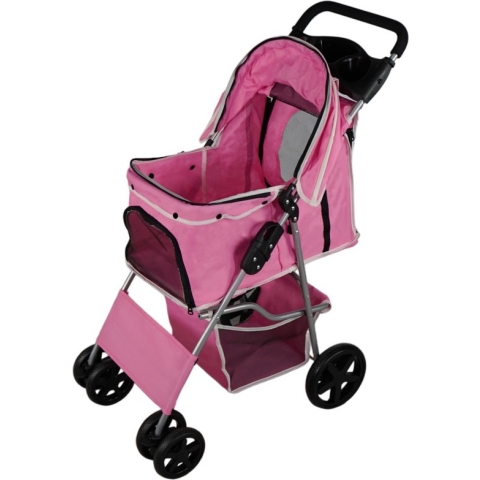 Monster Shop Roze Hondenbuggy - Opvouwbaar - Beschermende Regenhoes - 15kg Draagvermogen - Veiligheidssnaphaak - Mand & Bekerhouders