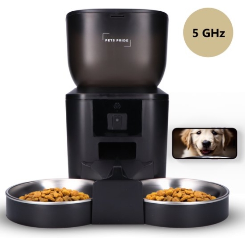 Pets Pride Automatische voerbak kat en hond - Voerautomaat 4L - Dubbele voederbak met camera - Zwart