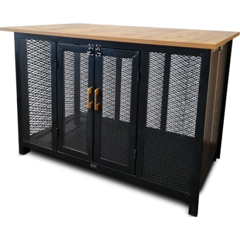 Hondenbench Grandes - Luxe Metalen Bench Zwart - Luxueus Design voor Woonkamer - 2 Deuren - Houten Blad omhoog te klappen - Hondenhok - Premium Bench voor Hond en Puppy - 121 x 74 x 81 CM