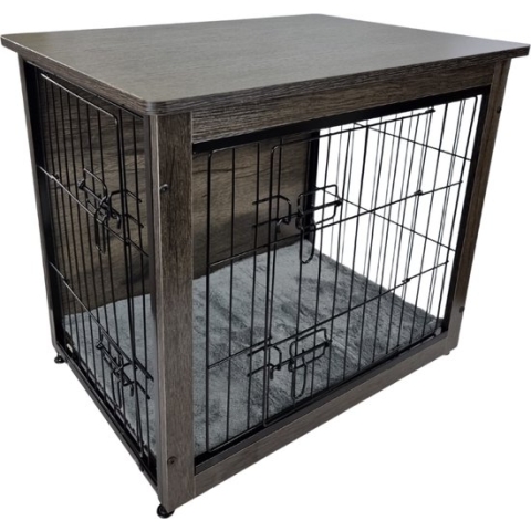 Vintage Hondenbench Furniture M - 69 x 51 x 60 cm - Hout - Donkergrijs - Houten Cover - Met Benchmat - Bench voor Hond & Puppy