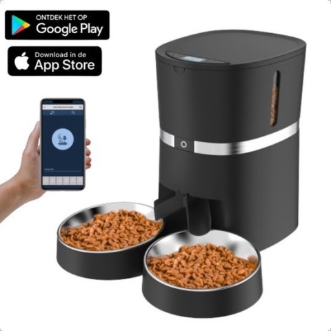 Pets Pride Automatische voerbak kat – Voerautomaat 4L – Dubbele voederbak - WIFI app – Zwart – RVS