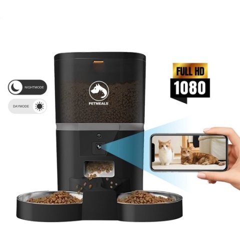 PetMeals® Zwarte Video/App Dubbele Automatische 6L Voerbak Kat en Hond | 1080P met Nachtfunctie | Met Smartphone besturing | Voerdispenser met Camera Voor 2 Huisdieren | 2 Splitter
