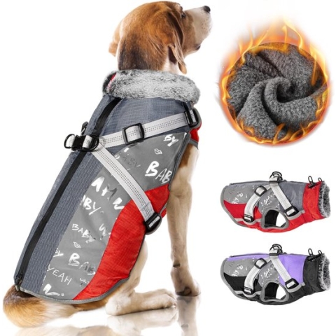 Winter Hondenjas met Afneembaar Harnas, Waterdichte Fleece Warme Hondenjas voor Kleine, Middelgrote, Grote Honden, Reflecterende Verstelbare Harige Hondenkleding voor Buitenshuis, Jagersjas