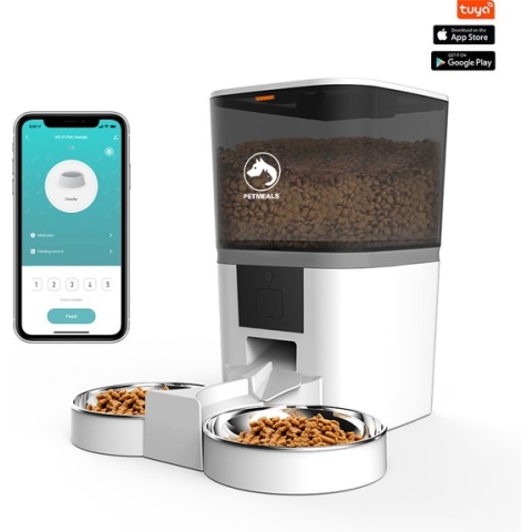 PetMeals® Witte WiFi/App Dubbele Automatische 6L Voerbak Kat en Hond | Met Smartphone besturing | Voerdispenser voor 2 Huisdieren | 2 Splitter