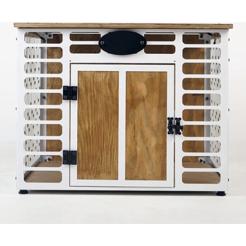 Hondenhok - Hondenbench - Metalen en Houten Hondenhok - Kennel - Wit - 62x50x47 CM