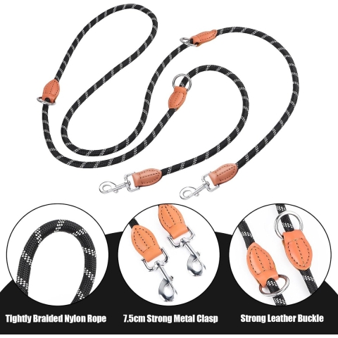 Dubbele Hondenlijn voor Honden, Dubbele Hondenlijn 3m Verstelbare Dubbele Clip Lijn voor Honden, 3m Lange Hondenlijn Hondenriem Hondentouw voor Kleine, Middelgrote Grote Honden