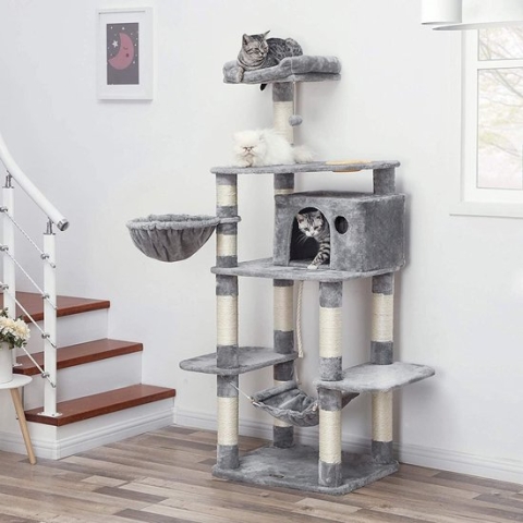 XXL Luxe Katten Krappaal Met Hangmat Hangende Mand & Katten Huisje - Activity Center - Grote Krappaal Klimpaal Met Speelset - Krabmeubel 164 CM Hoog - Sisal/Pluche - Grijs