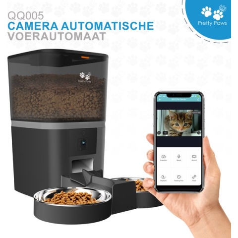 Pretty Paws QQ005 - Voerautomaat met WiFi en Camera - Dubbele Voerbakjes - Kat - 6L - Zwart