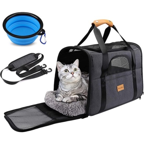 Selwo™ kattentas, transportbox, ademende en opvouwbare hondenbox, kattentransportboxen met verstelbare schouderriem, kattentransportkooi met afneembaar pluche matras + kom