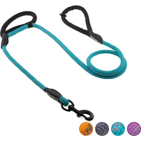 Touwlijn voor honden, turquoise, innovatieve hondenriem van 1,5 m met twee handgrepen en reflecterende naalden voor middelgrote en grote honden, reclamebestendig en veerkrachtig klimtouwmateriaal
