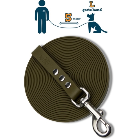 Miqdi lange lijn – BioThane® – olijfgroen - 10 meter lang – 19mm breed – L/XL – grote hond – sleeplijn - géén handvat
