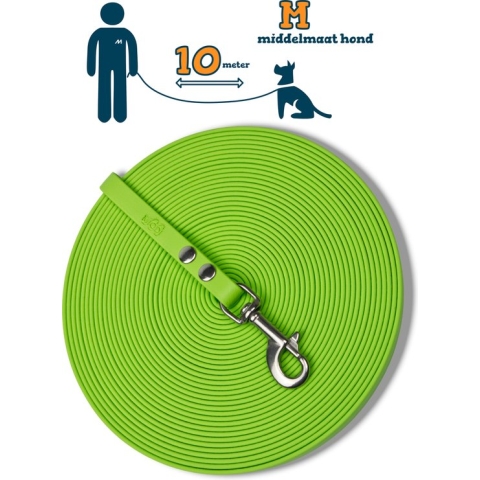 Miqdi lange lijn - BioThane® - lichtgroen - 10 meter lang – 13mm breed – M – middelmaat hond – sleeplijn - géén handvat