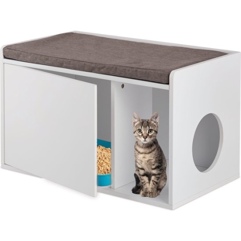 Relaxdays kattenbak ombouw - met zitkussen - kattenhuis wit - kattenmeubel - kattenkast