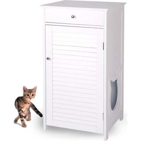 WONDERMAKE® Grote kattenkast houten voor kattenbak kattentoilet, XL-kattenbak dressoir kastje met schuiflade, Designer kattenhuis met kattenhol kattenbakkast, Kasten kast voor katten binnen hoog, 51 x 46 x 96 cm, Wit