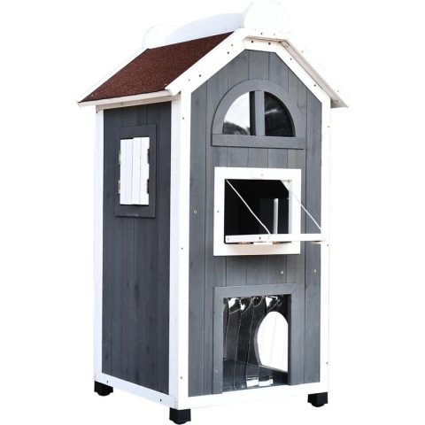 Kattenvilla met trap en balkon - Kattenhuis - Kattenhok - 2 verdiepingen - 59 x 55 x 109 cm- Hout - Grijs
