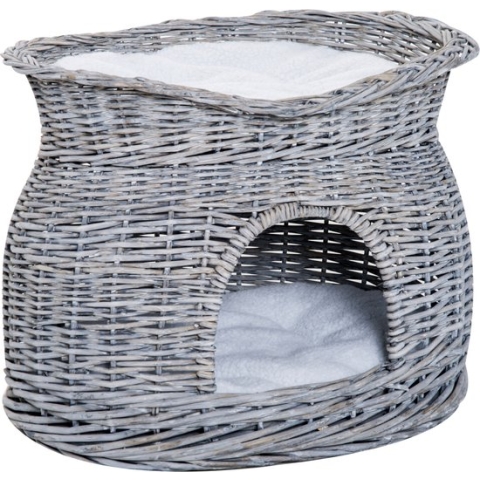PawHut Kattenbed kattengrot kattenmand met 2 kussens wilgentenen mand met ligvlak erboven grijs D30-172