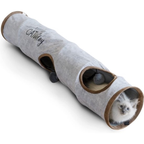 Premium kattentunnel 120 x 24 cm I 3 kijkgaten & speelballen I katten speeltunnel opvouwbaar kattenspeelgoed katten tunnel tunnel rascheltunnel grot rol kat tunnel kat grijs konijn XXL