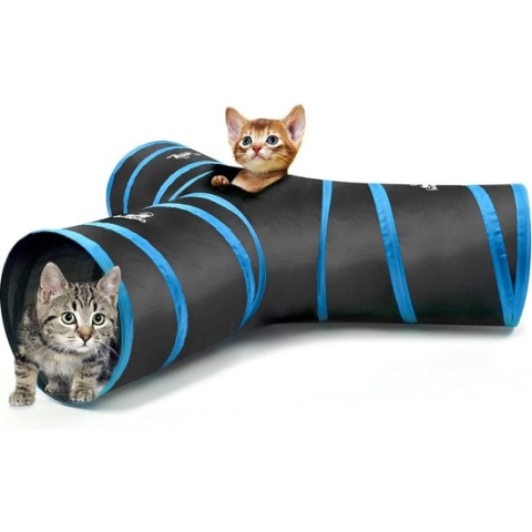 Kattentunnel, opvouwbaar, 3-weg kattentunnel, speeltunnel, ritstunnel, kattenspeelgoed met pompon en klokken, voor honden, puppy, konijnen, 25 x 40 cm, zwart en lichtblauw