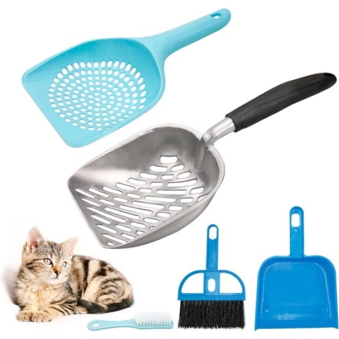 4 stuks kattenbakschep reinigingsgereedschap, kattenbakschep van robuust maluminium, grootte siliconen lange greep diepe schep met kleine gaten kunststof kattenschep schep bezemsets (blauw)