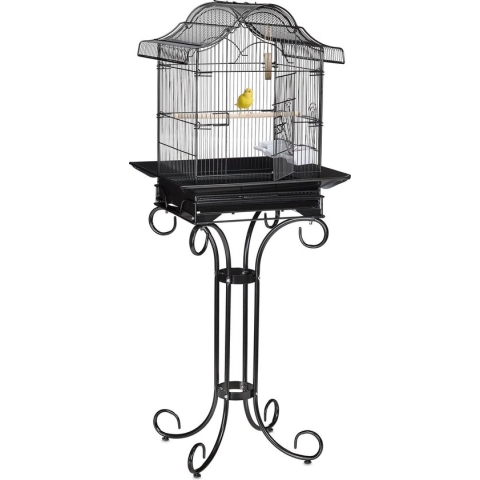 Relaxdays vogelkooi op standaard - metaal - parkietenkooi - kanariekooi - zwart - kooi
