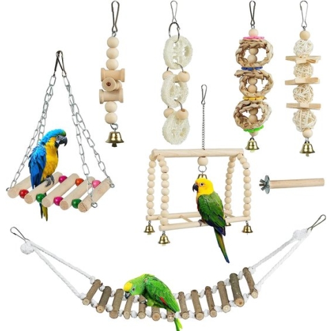 Vogelspeelgoed 8-delig met klokken, houten ladder, schommels, kauwspeelgoed voor kleine en middelgrote vogelpapegaaien