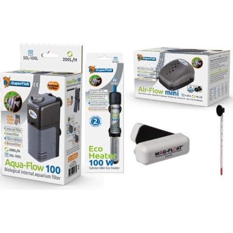 Superfish -Aquaflow 100 pomp + verwarming 100w + Luchtpomp + Thermometer + alg magneet Long - complete aquarium toebehorenset voor aquaria tm 125 liter