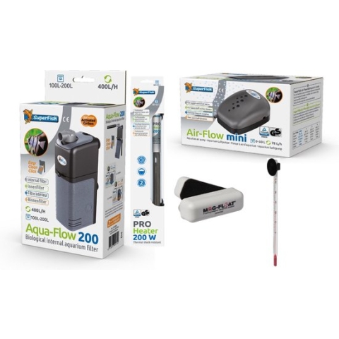Superfish - Aquaflow 200 filterpomp + Verwarming 200w + Luchtpomp + Thermometer + Algmagneet Long - complete aquarium toebehorenset voor aquaria t/m 200 liter