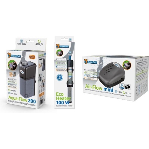 SuperFish - AquaFlow Dual Action 200 - Aquariumfilter + SuperFish - Eco heater - 100w - 21cm + Air Flow Mini - Aquariumpomp - Beluchting - Combideal