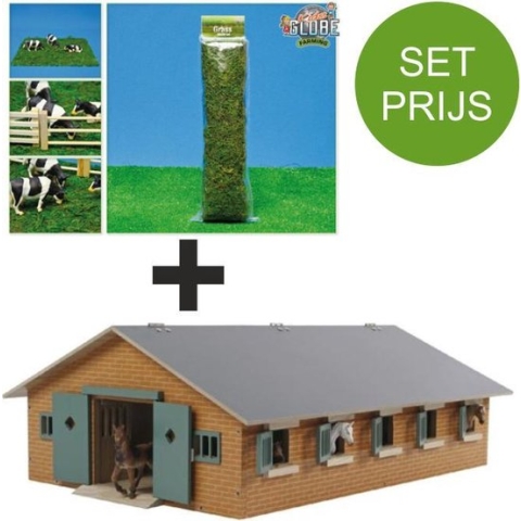 Kids Globe SET houten Paardenstal+grasmat 1:32
