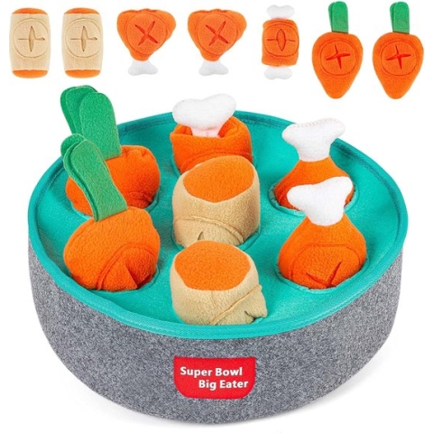 Dexus Series Snuffelkleed Hond Intelligentie Hondenspeelgoed in komvorm, interactief speelgoed met wortel, kippenpoot, ham, grijs en blauw