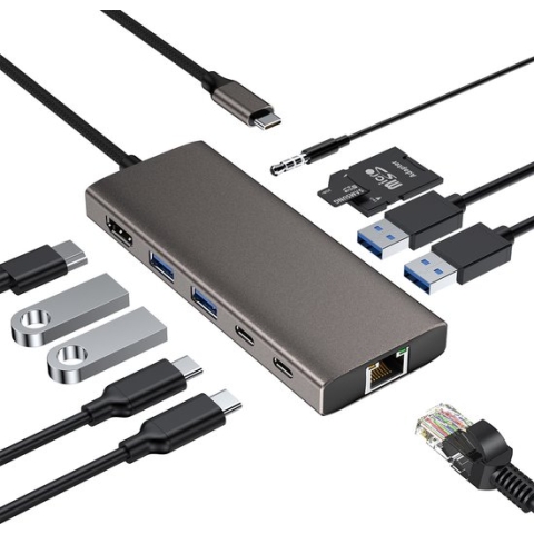 NÖRDIC DOCK-165 1 tot 11 Dockingstation - 1xHDMI 4K60Hz - 5xUSB3.0 - 5Gbps - 1xRJ45 - 1xPD100W