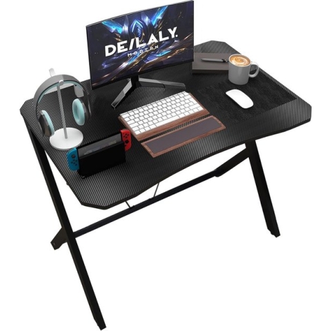 35 Inch 90 CM Breedte Gaming Bureau Koolstofvezel Oppervlak Gamer Tafel Computer Gamer Bureau met Monitor Plank Studie Bureau Werkstation PC Tafel Koolstofstaal Been Hoek Roze
