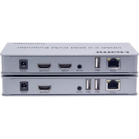 NÖRDIC KVM-EXT KVM Extender over RJ45 tot 60m - HDMI2.0 - 4K60Hz - USB - 3,5mm - 1080p - Zilver