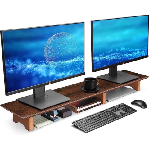 Grote houten monitorstandaard voor computerschermen, houten stijgbuis met duurzame kurkblokpoten voor zware laptops/computers/tv/pc, perfecte plankorganizer voor kantoor/thuis (vintage, groot)
