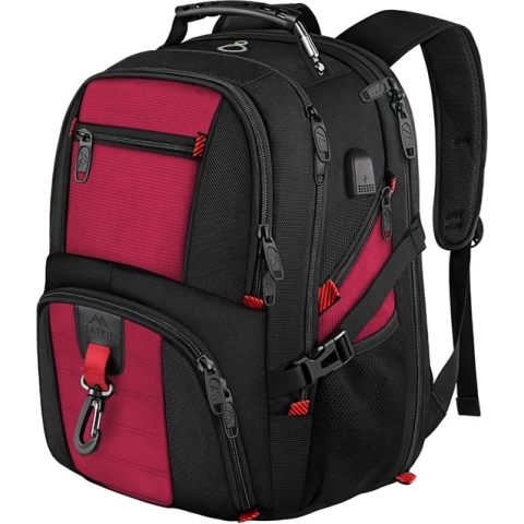 Laptoprugzak voor heren en dames, 17,3 inch, schoolrugzak met USB, waterdicht, werk, zakelijke rugzak, schooltas, 50 l, reisrugzak, college, rugzak, studenten, jongens, meisjes, tieners, rood