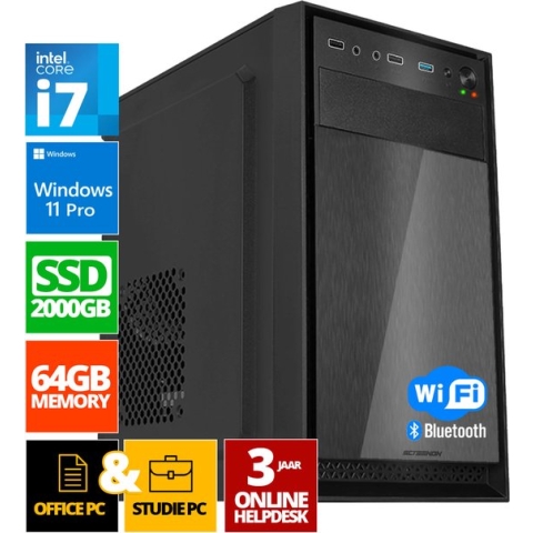 Intel Compleet PC | Intel Core i7 | 64 GB DDR4 | 2 TB SSD - NVMe | Windows 11 Pro + WiFi & Bluetooth