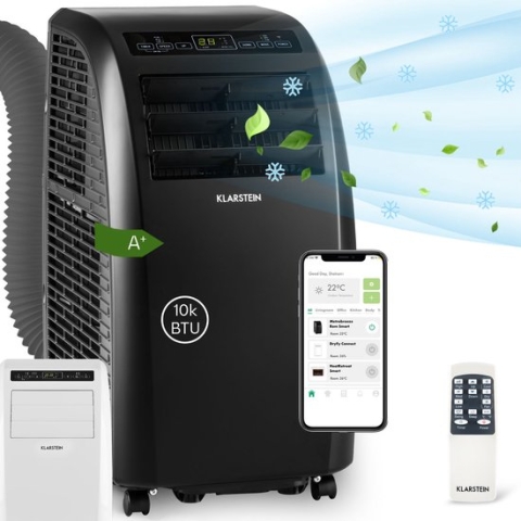 Klarstein - Metrobreeze Rom Smart- Mobiele Airco Met Afvoerslang- 3-In-1 Airco Met Ventilator- Luchtontvochtiger & Nachtmodus- Kleine & Draagbare Airco Voor Woning En Kantoor- Gering Verbruik- 10000 Btu - Zwart