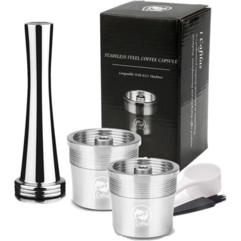Hervulbare Illy koffiecup - Illy Capsule - RVS - 2 cups + stamper - model 2023